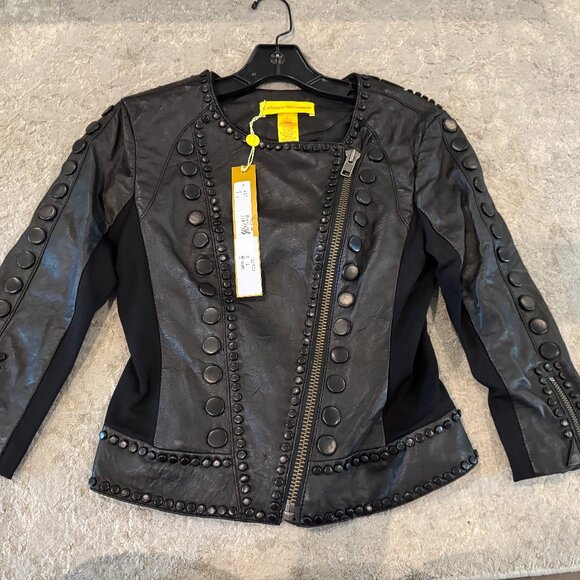 Catherine Malandrino 123JL03 Jacket Noir Cropped Lambskin Leather Black Stud NEW - Picture 1 of 14